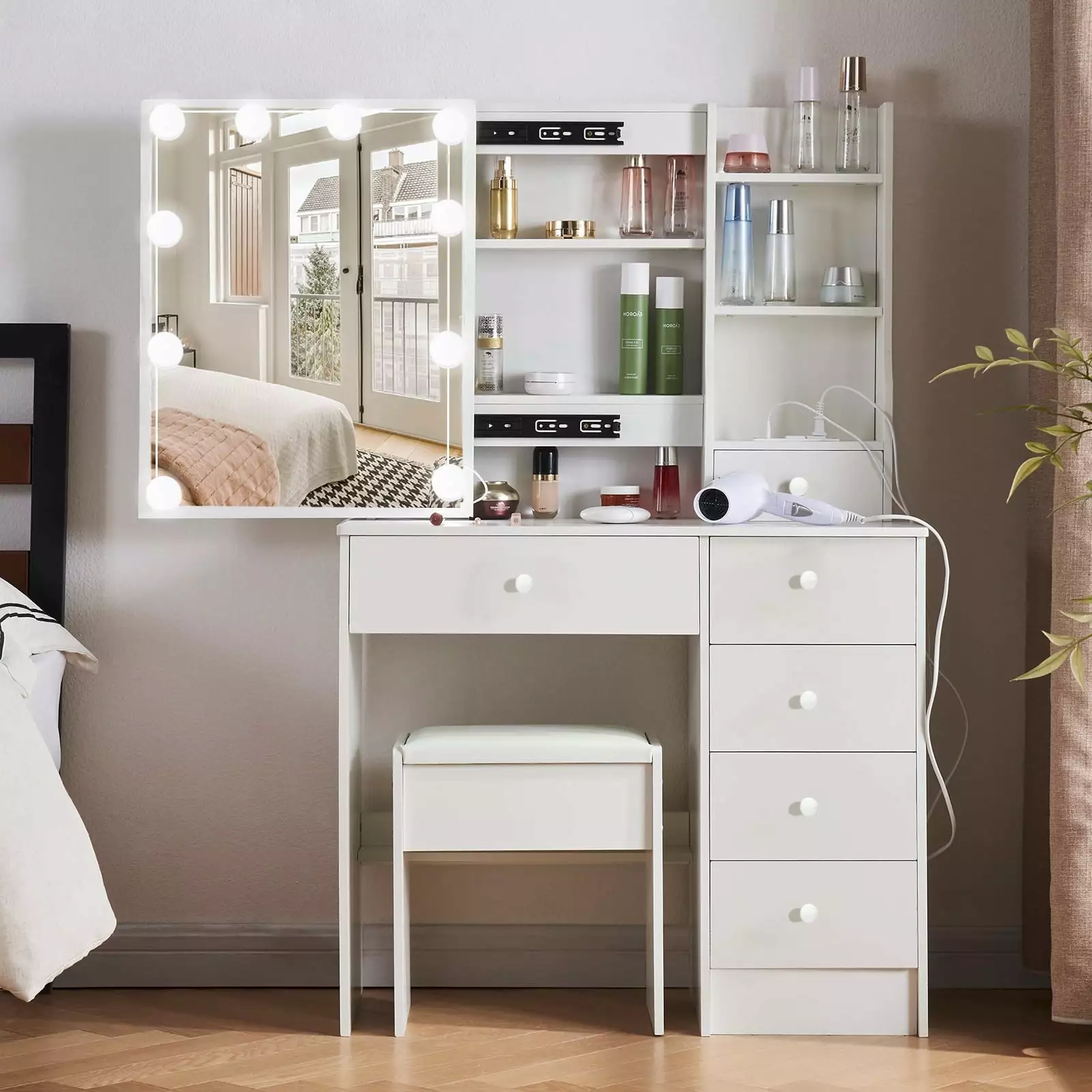 Yamissi Makeup Vanity Desk Lighted Sliding Mirror Modern Vanity Set Drawers and Stool White