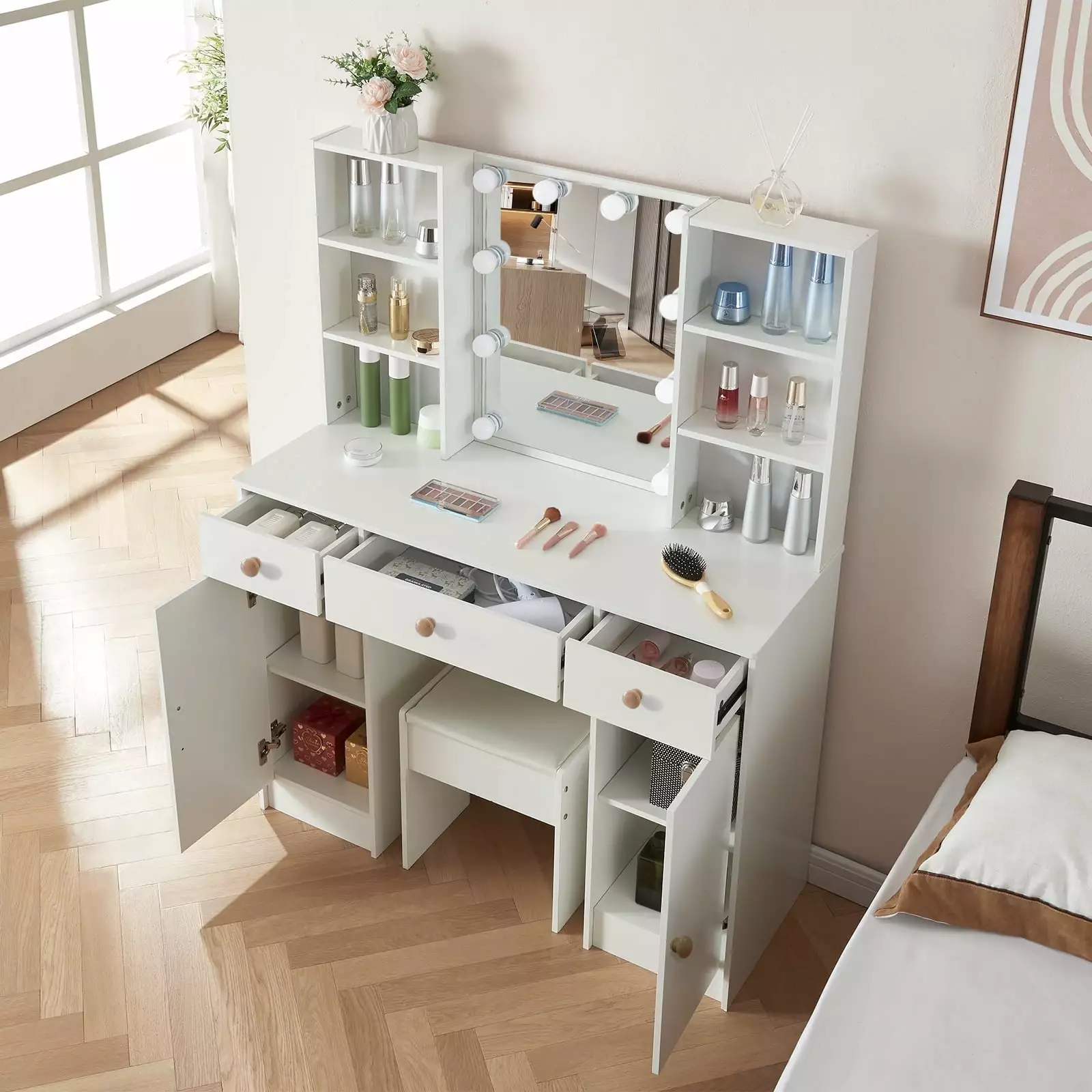 Yamissi Vanity Desk Set Lighted Mirror Stool Modern Makeup Table 3 Drawers 6 Shelves Girls White