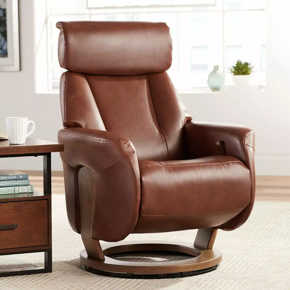 BenchMaster Brown Swivel Faux Leather Recliner Chair Footrest and Headrest