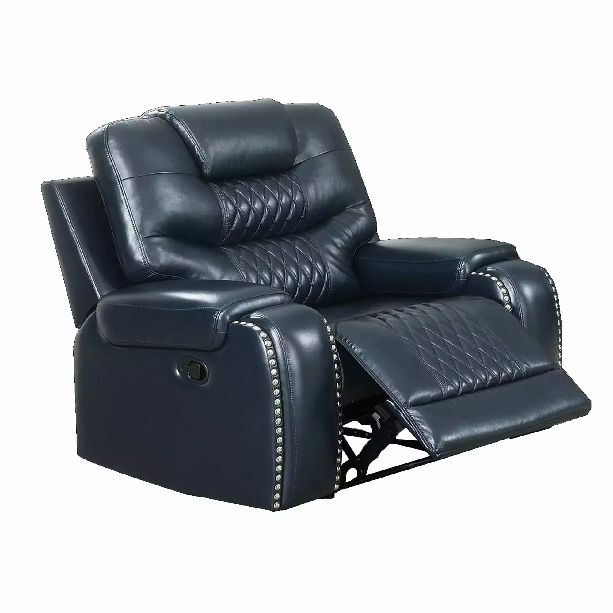 Diamond Tufted Leatherette Manual Recliner Navy Blue Benjara