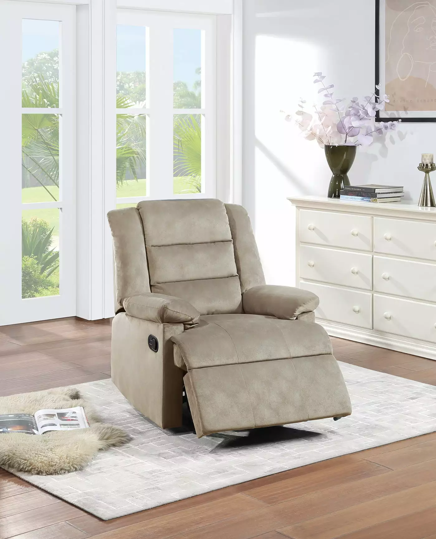 DeeHome Contemporary Beige Velvet Fabric Manual Recliner Chair