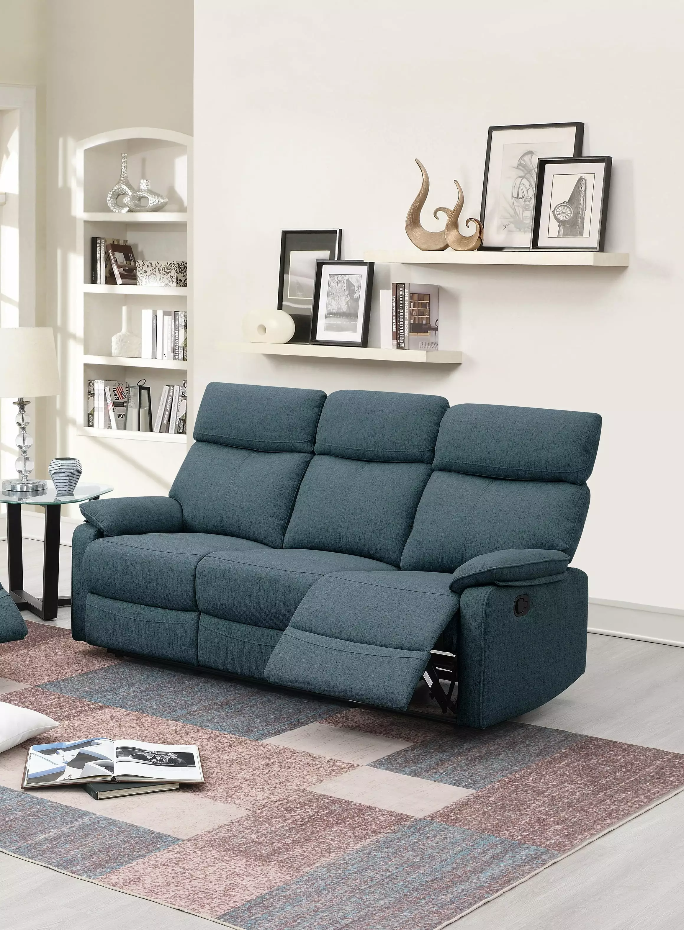 DeeHome Dark Blue Burlap Fabric Recliner Motion Sofa Manual Reclining Living Room Furniture