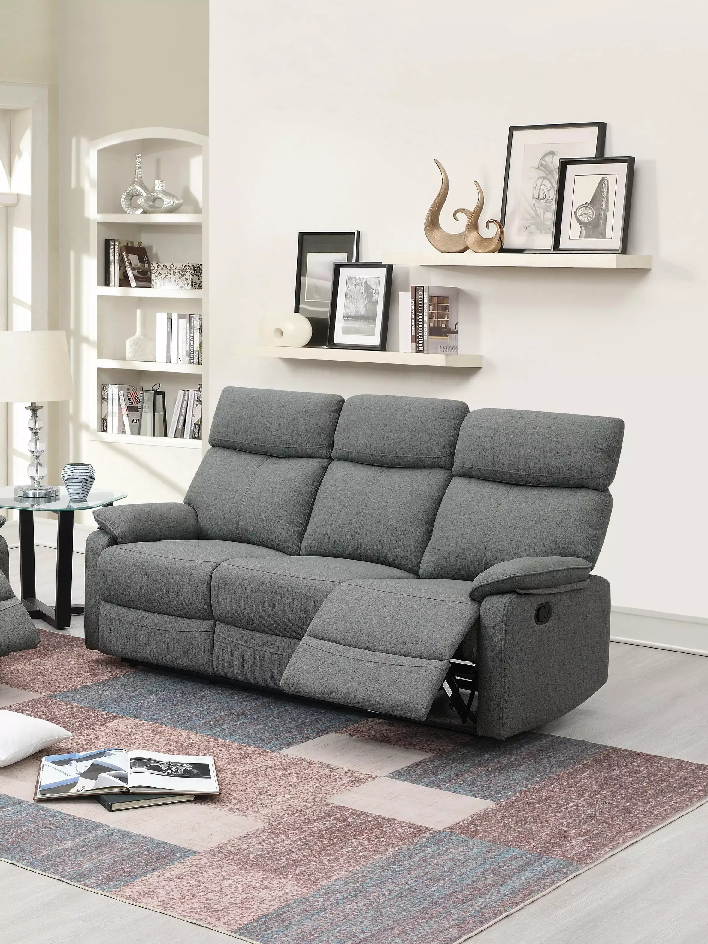 DeeHome Gray Burlap Fabric Recliner Motion Sofa Manual Reclining Living Room Furniture