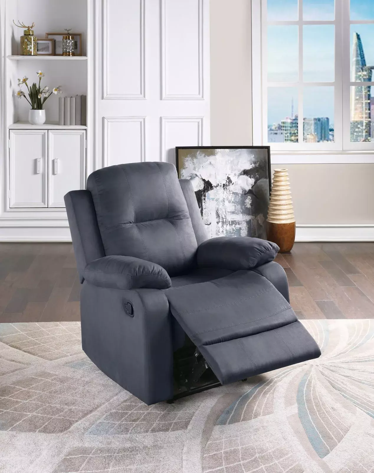 Chic Elegant Ebony Microfiber Manual Reclining Chair Plush Armrest Esofastore
