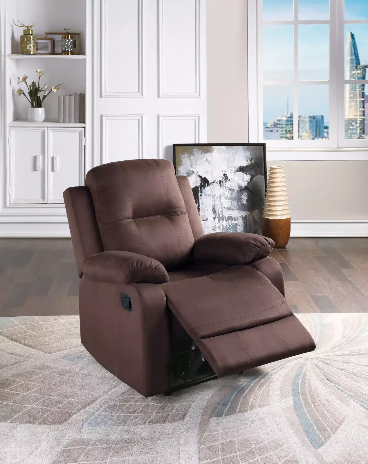 Chic Elegant Manual Recliner Chair Chocolate Microfiber Plush Armrest Living Room Reclining Chair Esofastore