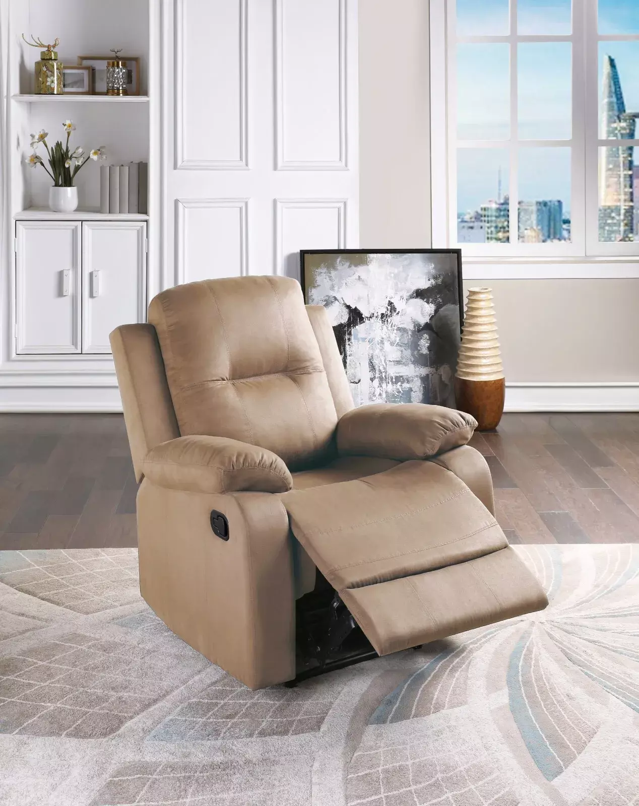 Chic Elegant Manual Recliner Chair Peat Finish Microfiber Plush Armrest Living Room Reclining Chair Esofastore