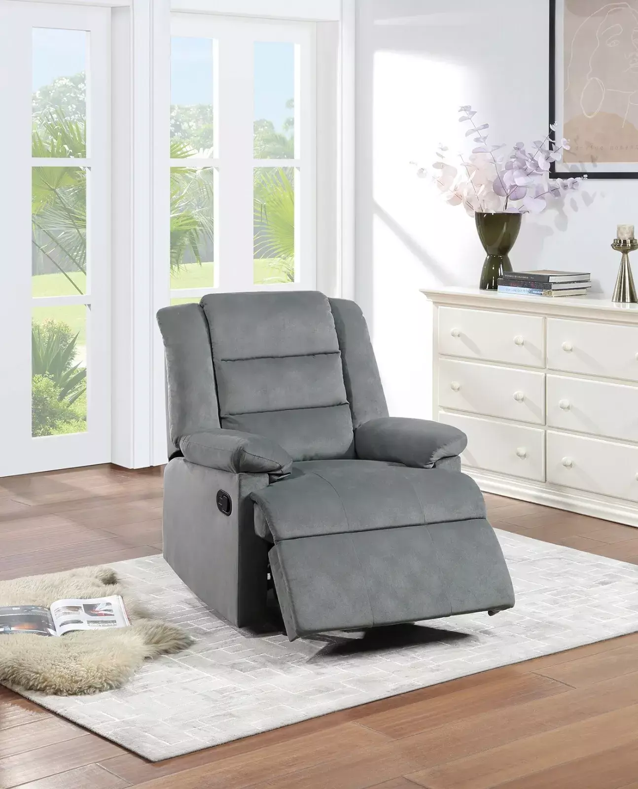 Single Recliner Manual Motion Chair Plush Cushion Dark Gray Velvet Living Room Reclining Chair Esofastore