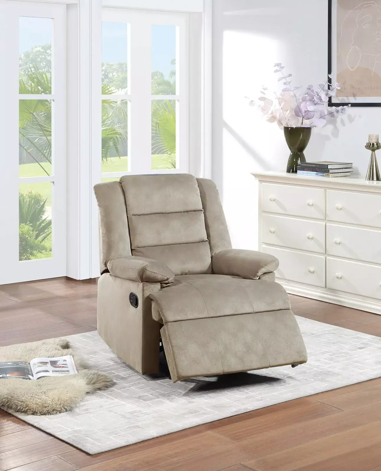 Single Recliner Manual Motion Chair Plush Cushion Beige Velvet Living Room Reclining Chair Esofastore