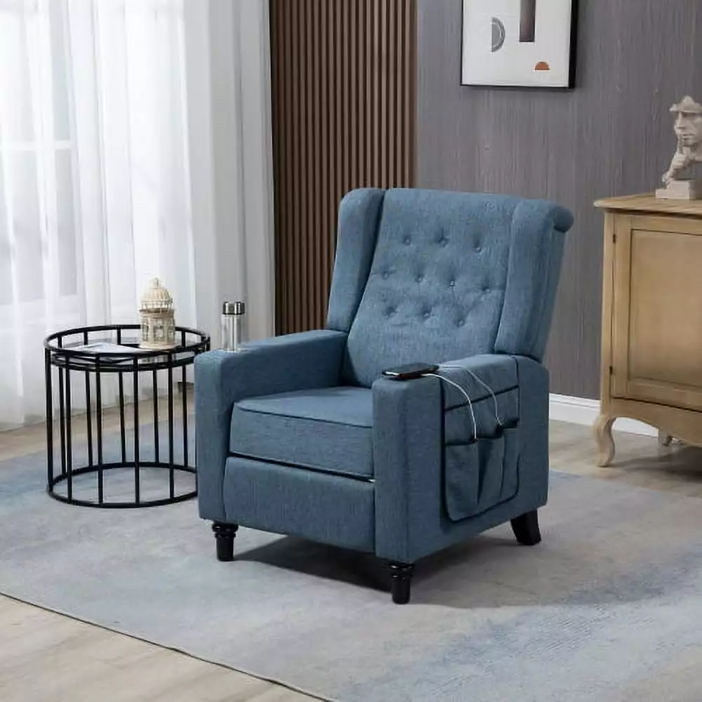 Goldmeet Navy Blue Arm Pushing Recliner Chair Modern Button Tufted Wingback Living Room Fabric Sofa