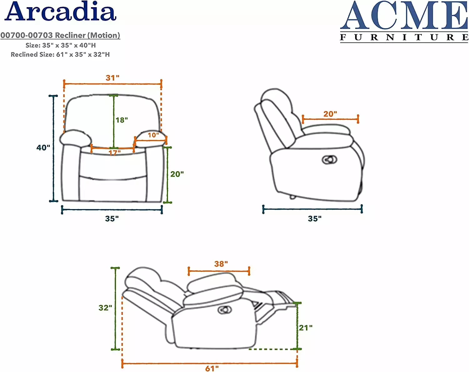 Arcadia Motion Recliner Beige Woven Fabric Comfortable Living Room Seating Moselota