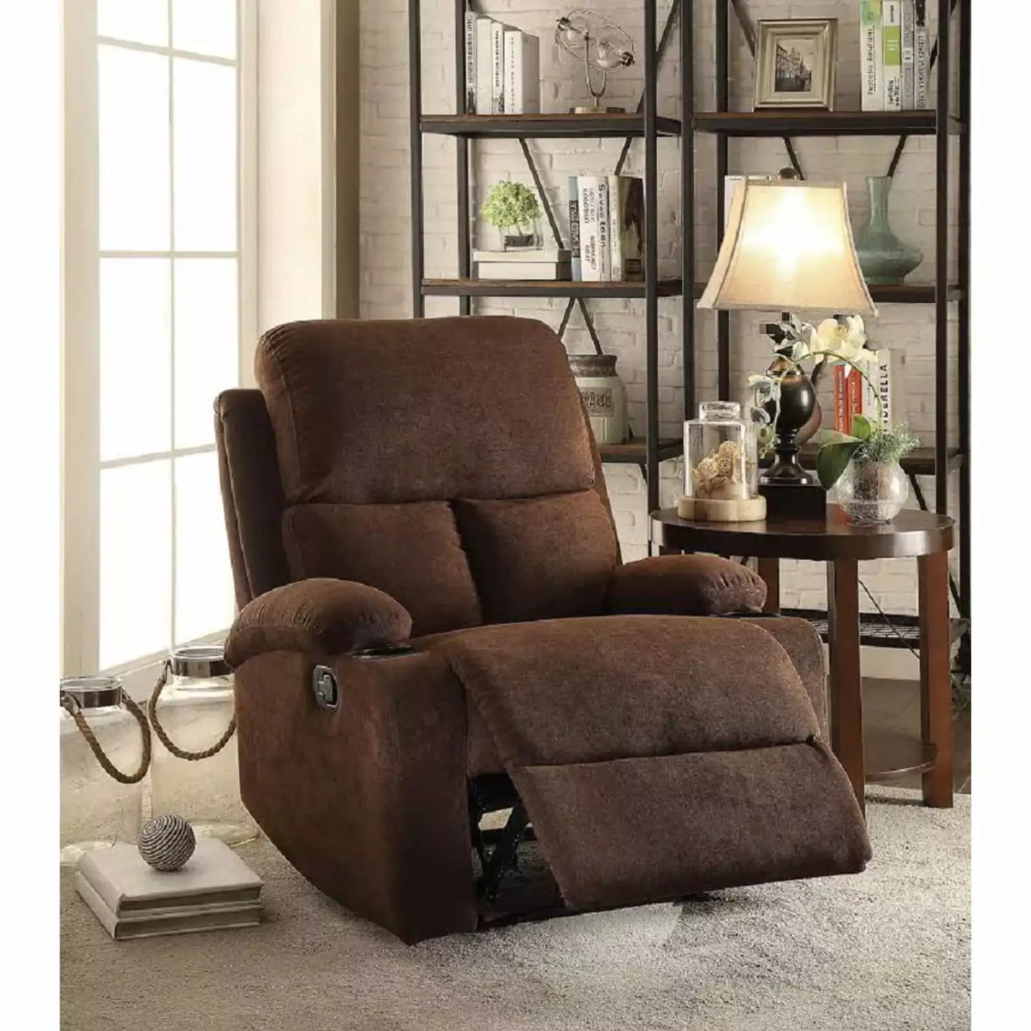 Rosia Motion Recliner Chocolate Velvet Upholstery Luxurious Living Room Seating