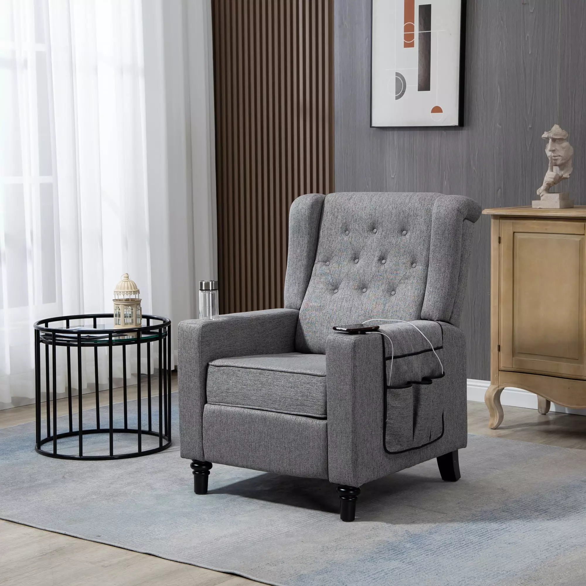 Arm Pushing Recliner Chair Modern Button Tufted Wingback Push Back Recliner Dark Gray Wobythan