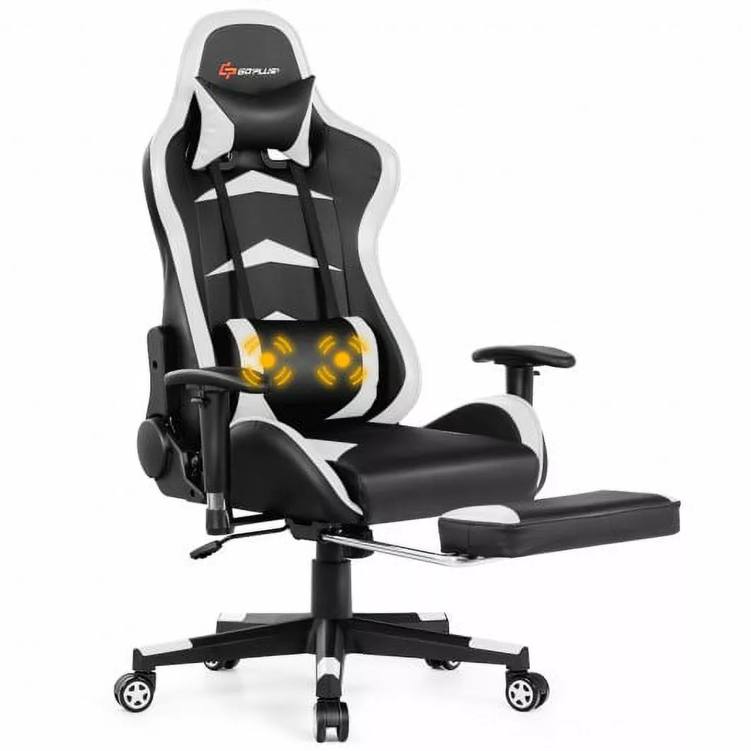Massage Gaming Chair Footrest White Color Ergonomic Office Desk Chair Video Game Enthusiasts Generic