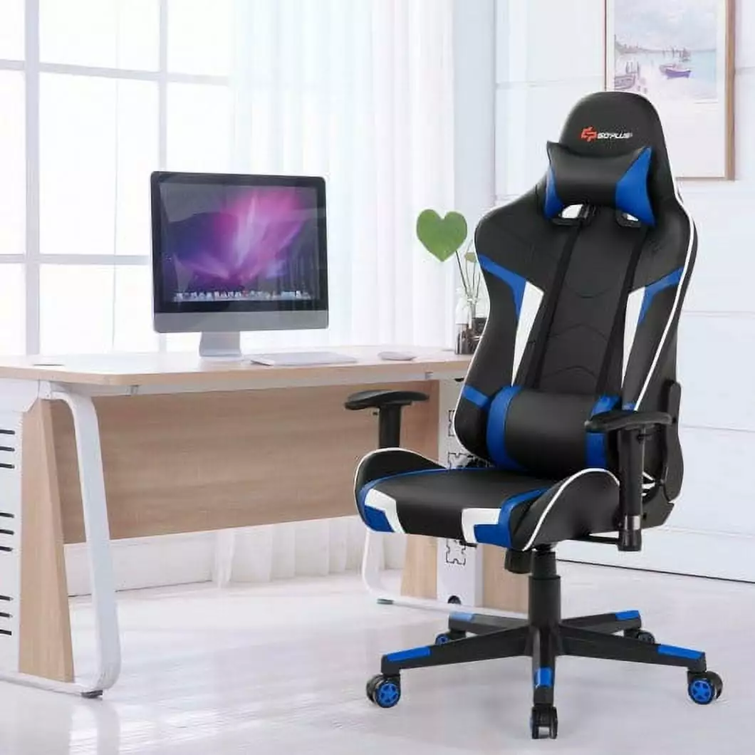 Reclining Swivel Massage Gaming Chair Lumbar Support Blue - Ergonomic Computer Chair Adults Generic