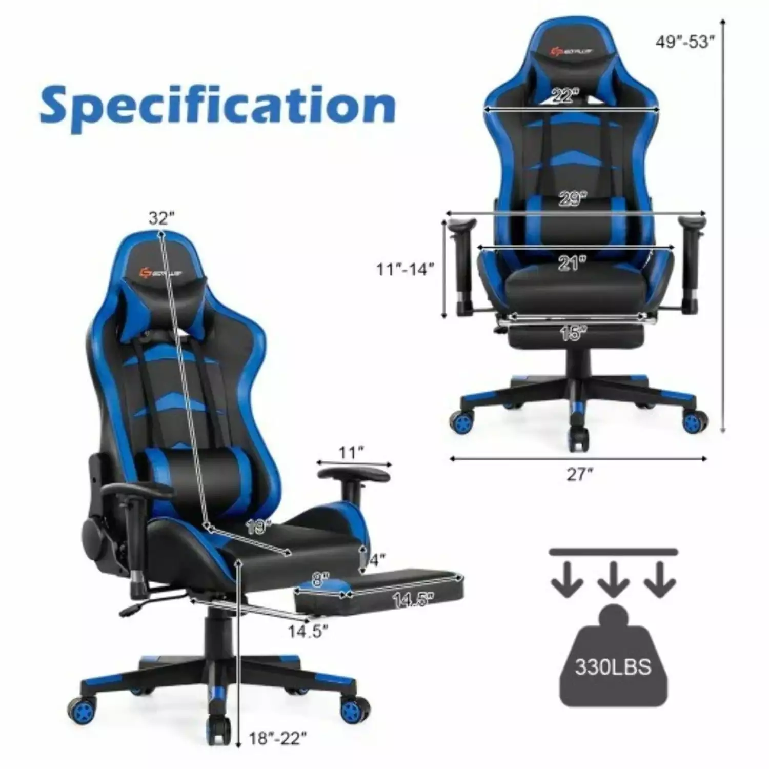 Massage Gaming Chair Footrest Blue Color Ergonomic Reclining Video Game Office Chair Adults unknown