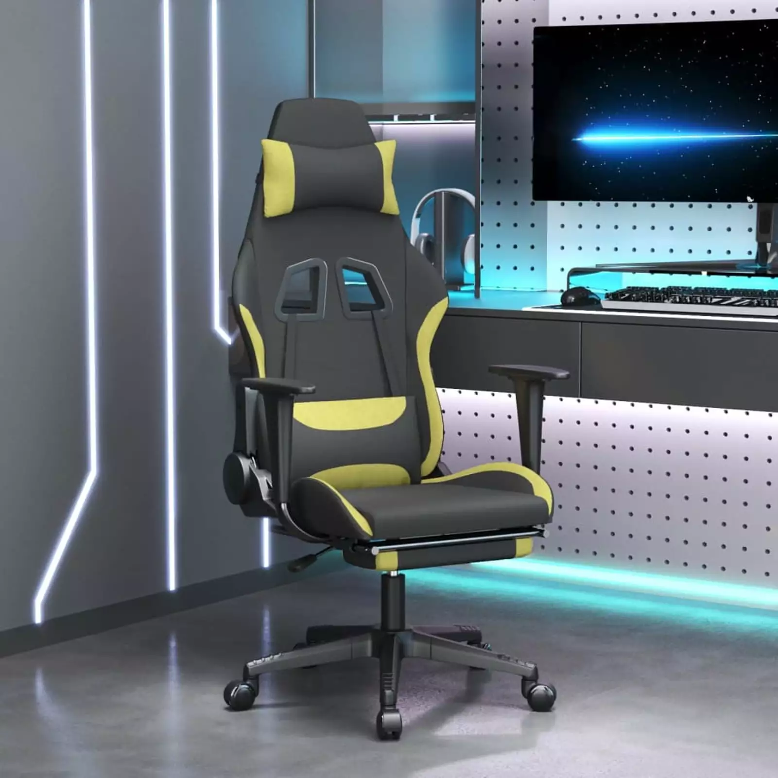 Aibecy Massage Gaming Chair Footrest Black and Green Fabric