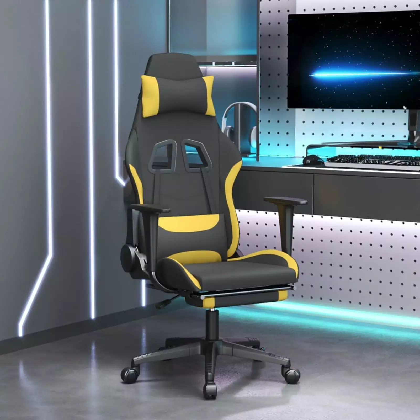 Aibecy Massage Gaming Chair Footrest Black and Yellow Fabric Ergonomic Computer Chair Gamers