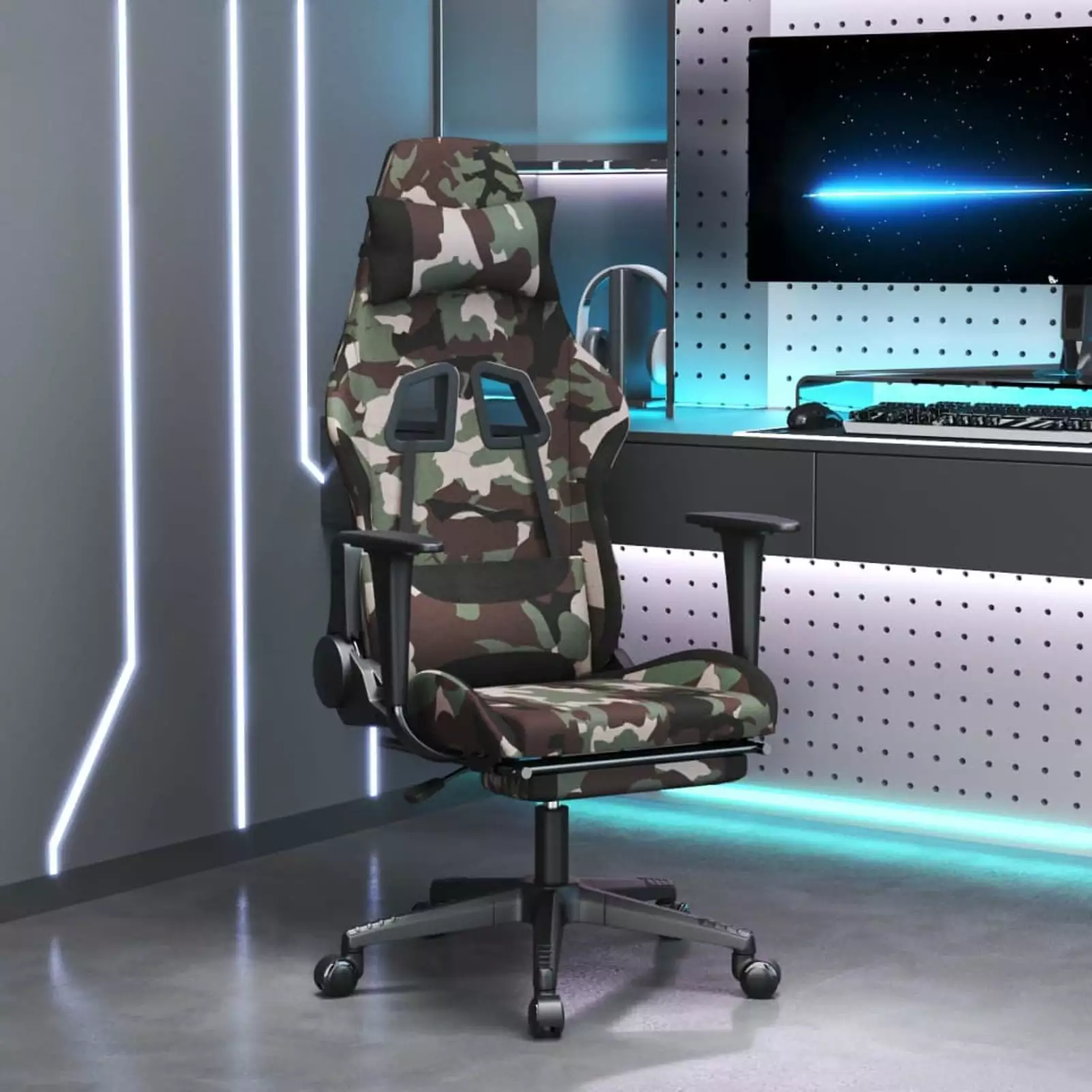 Aibecy Massage Gaming Chair Footrest Black and Camouflage Fabric Ergonomic Design