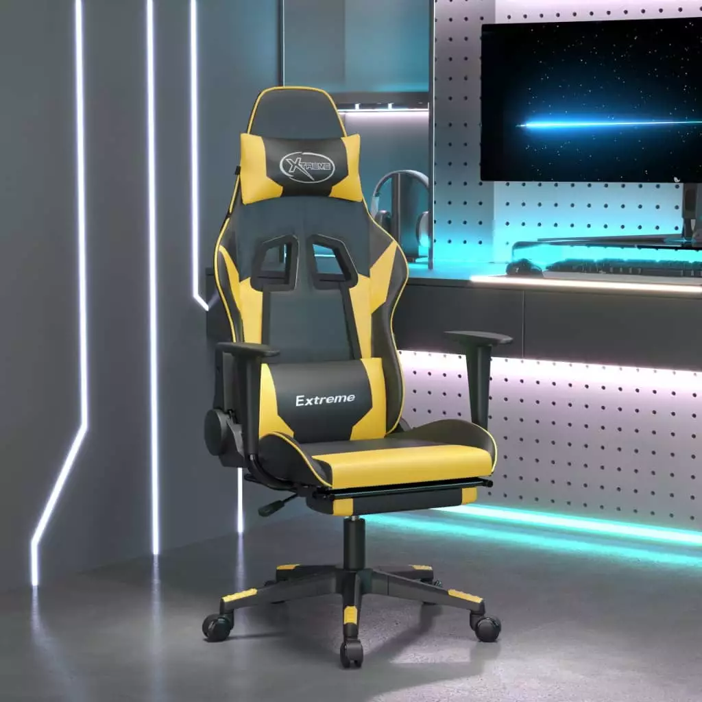 Dcenta Massage Gaming Chair Footrest Black&Gold Faux Leather