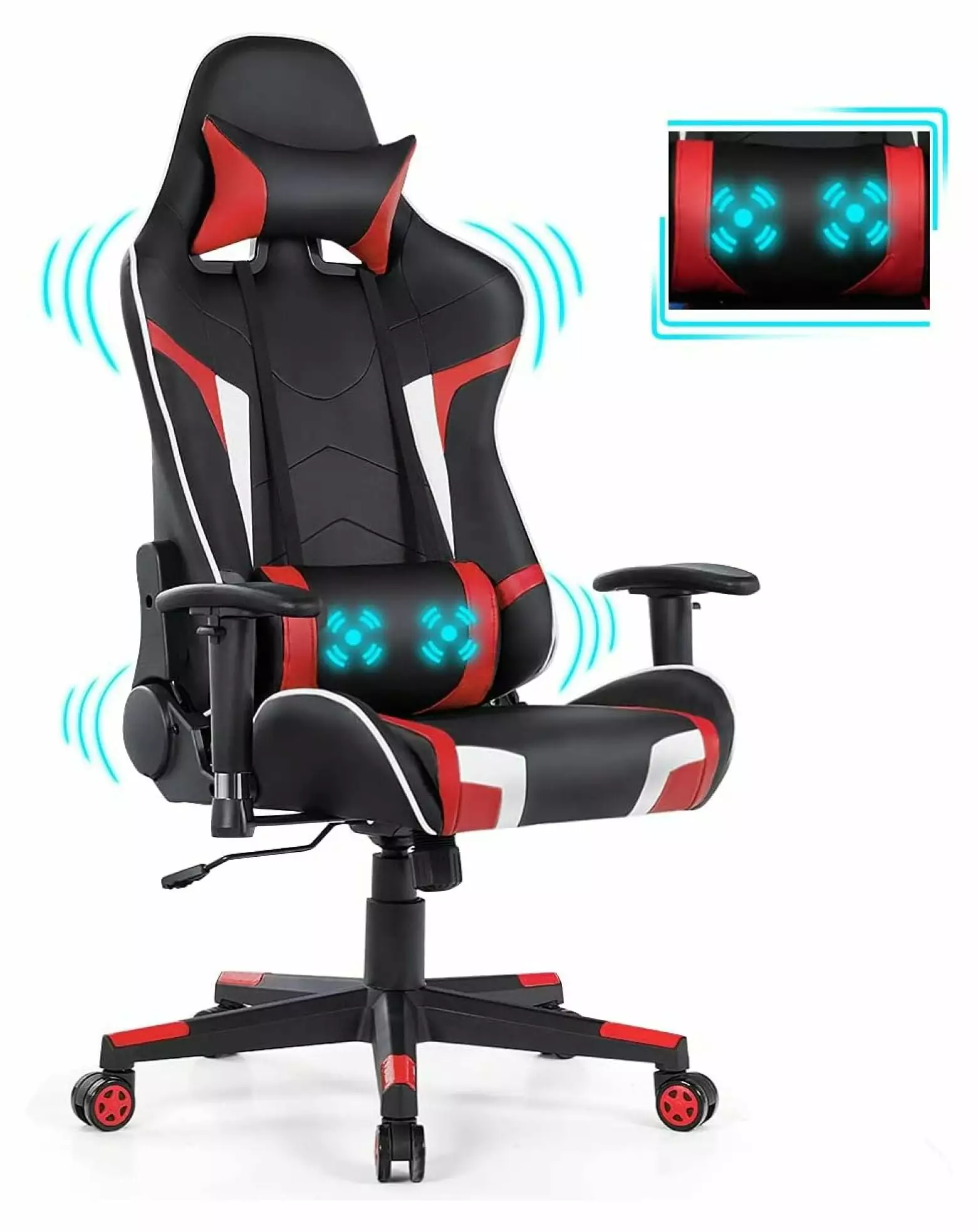 DieJedXi Massage Gaming Chair Headrest and Lumbar Support High Back Ergonomic Office Recliner Red
