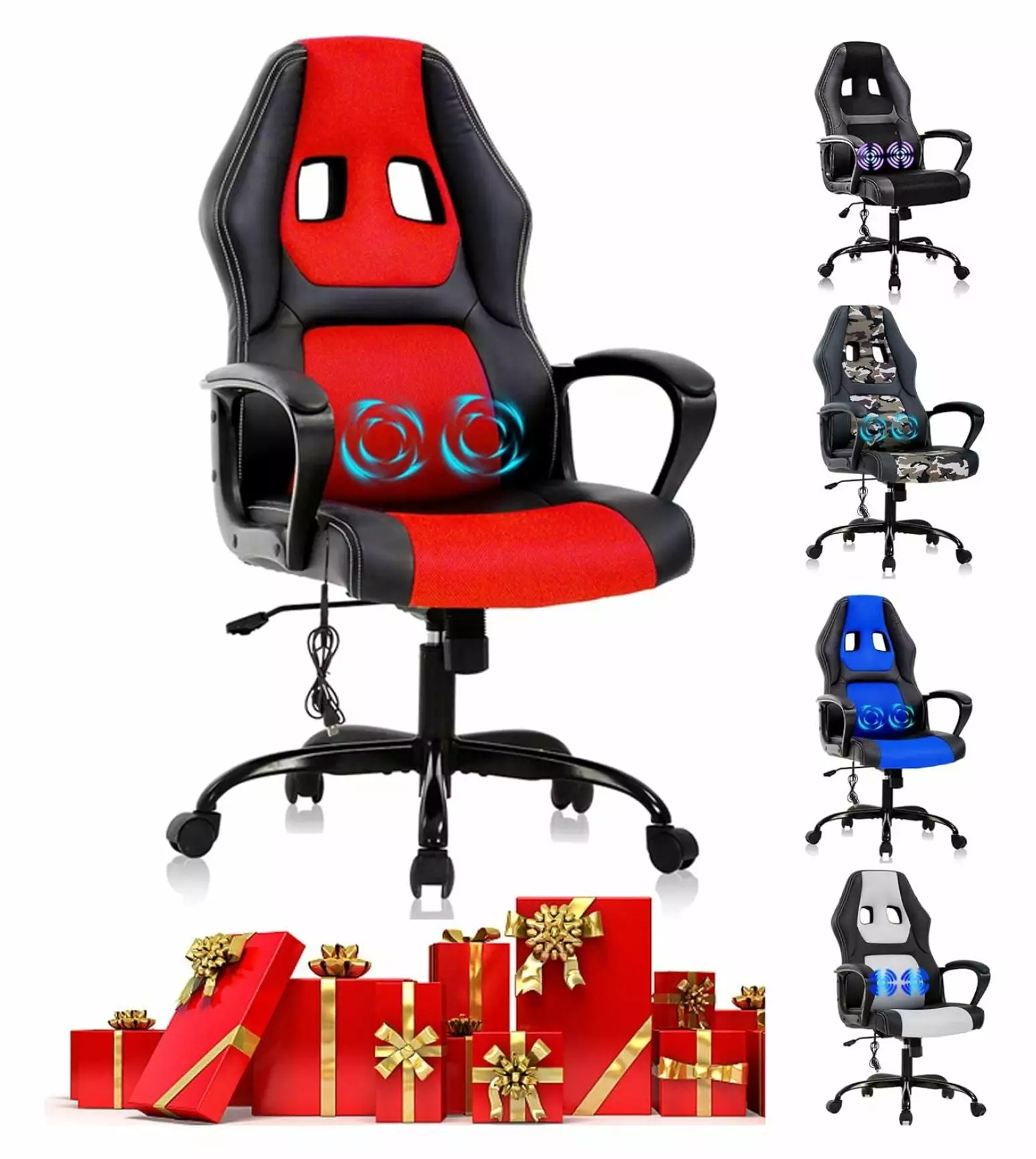 PC Gaming Chair Massage Office Chair Ergonomic Desk Chair Adjustable PU Leather Racing Chair Lumbar Support Armrest High B...