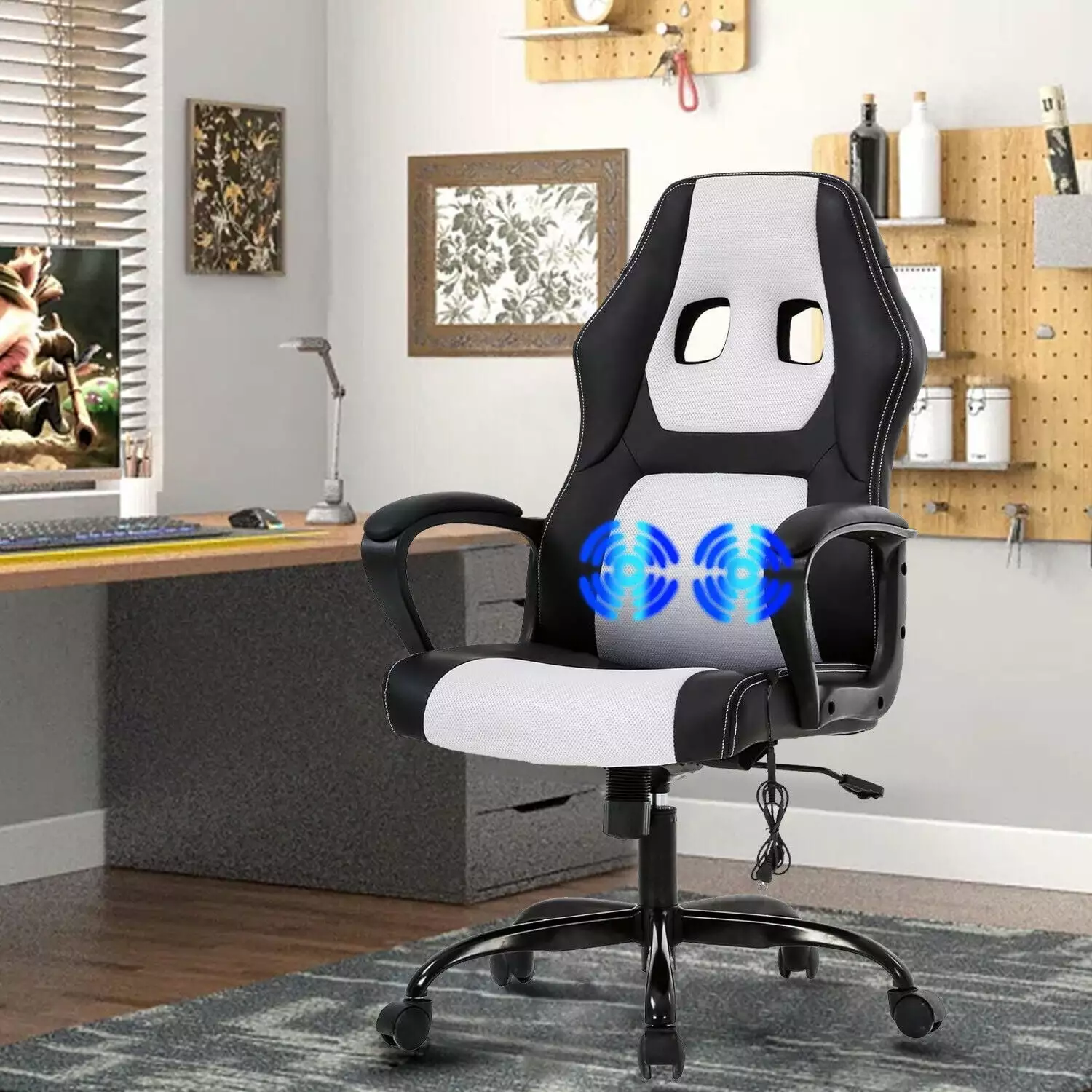 Massage Computer Gaming Chair Swivel Office Ergonomic Racing Chair Seat White Dkeli