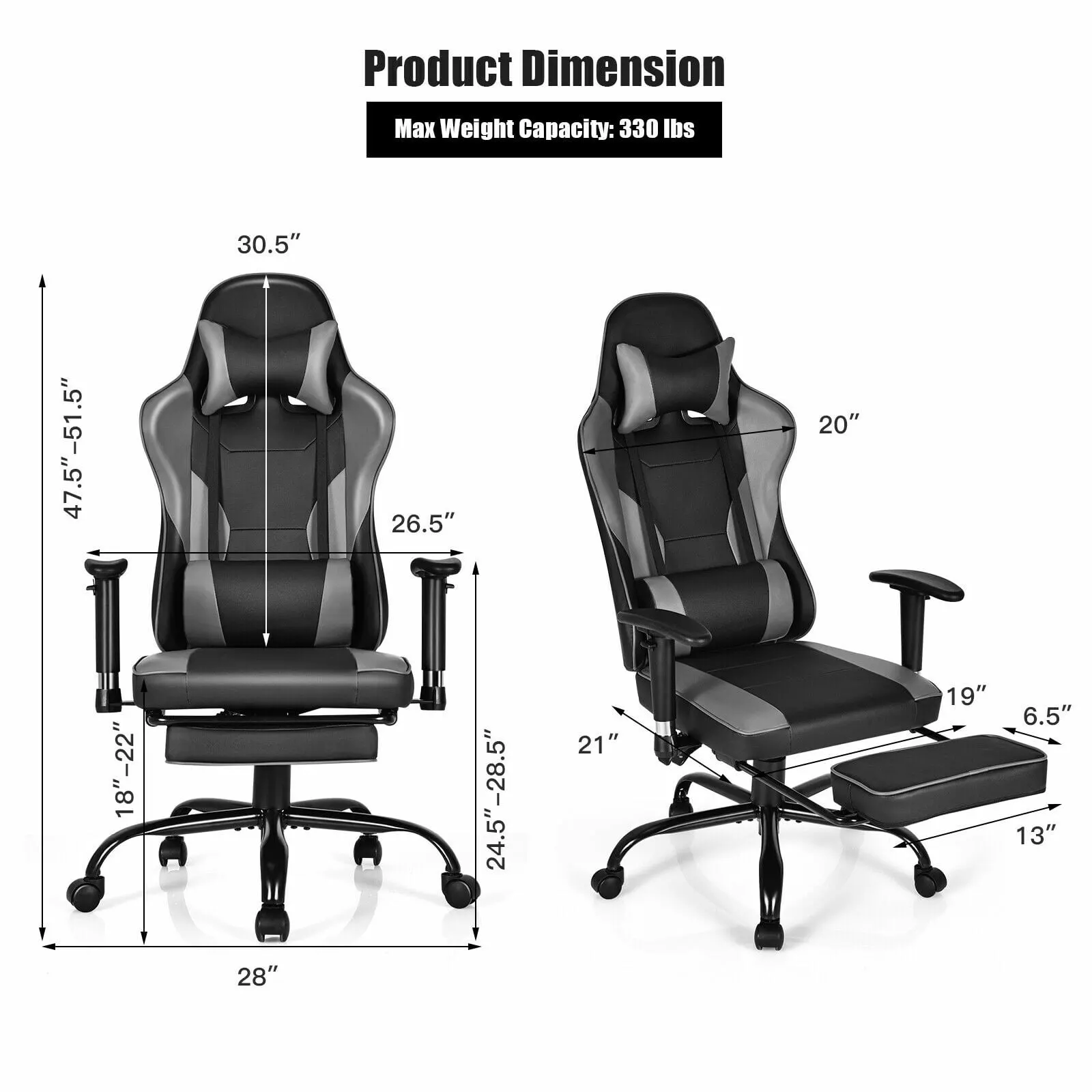 EEPHO Massage Gaming Chair Recliner Footrest and Adjustable Armrests Home and Office Black