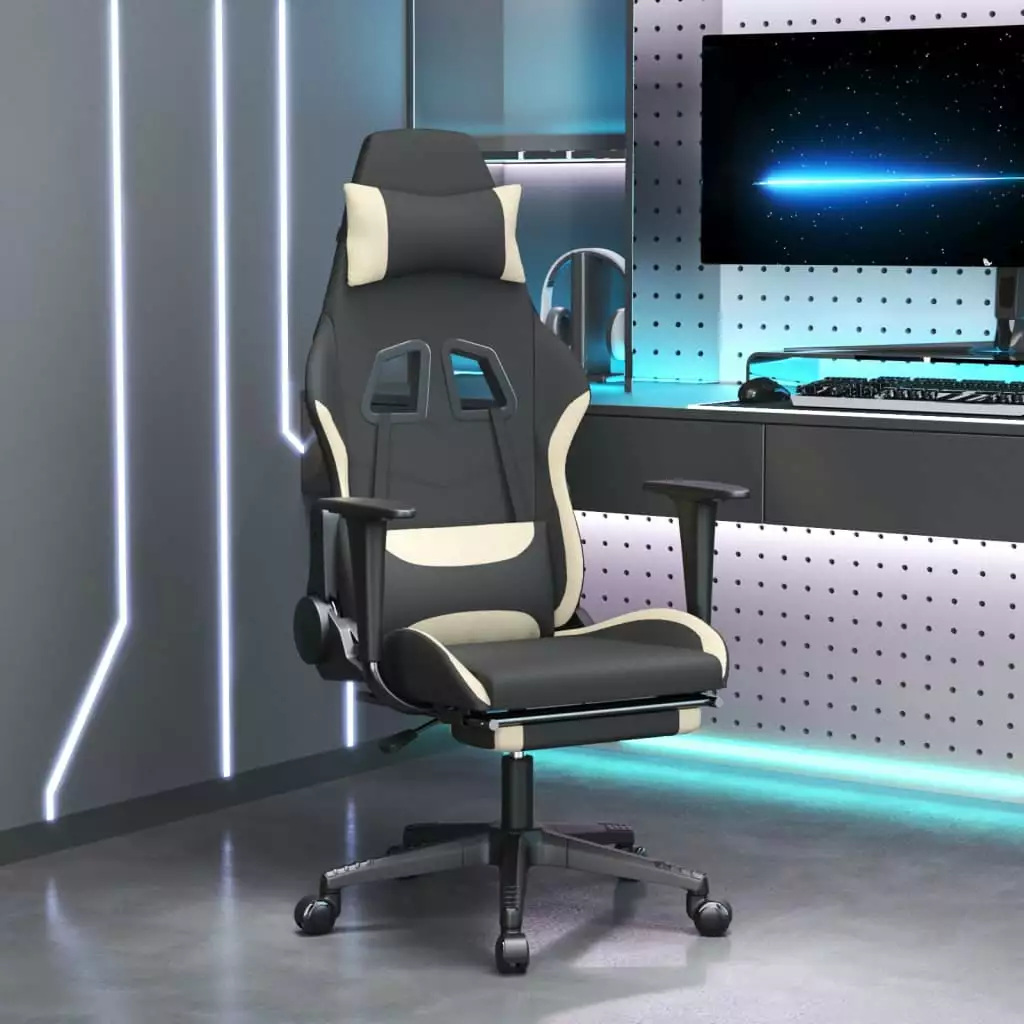 Comfortable Massage Gaming Chair Adjustable Footrest Ergonomic Design Black and Cream Fabric funchic