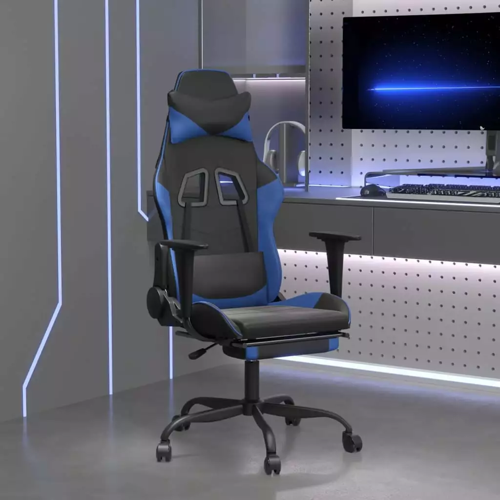 Ergonomic Massage Gaming Chair Footrest Black and Blue Faux Leather funchic