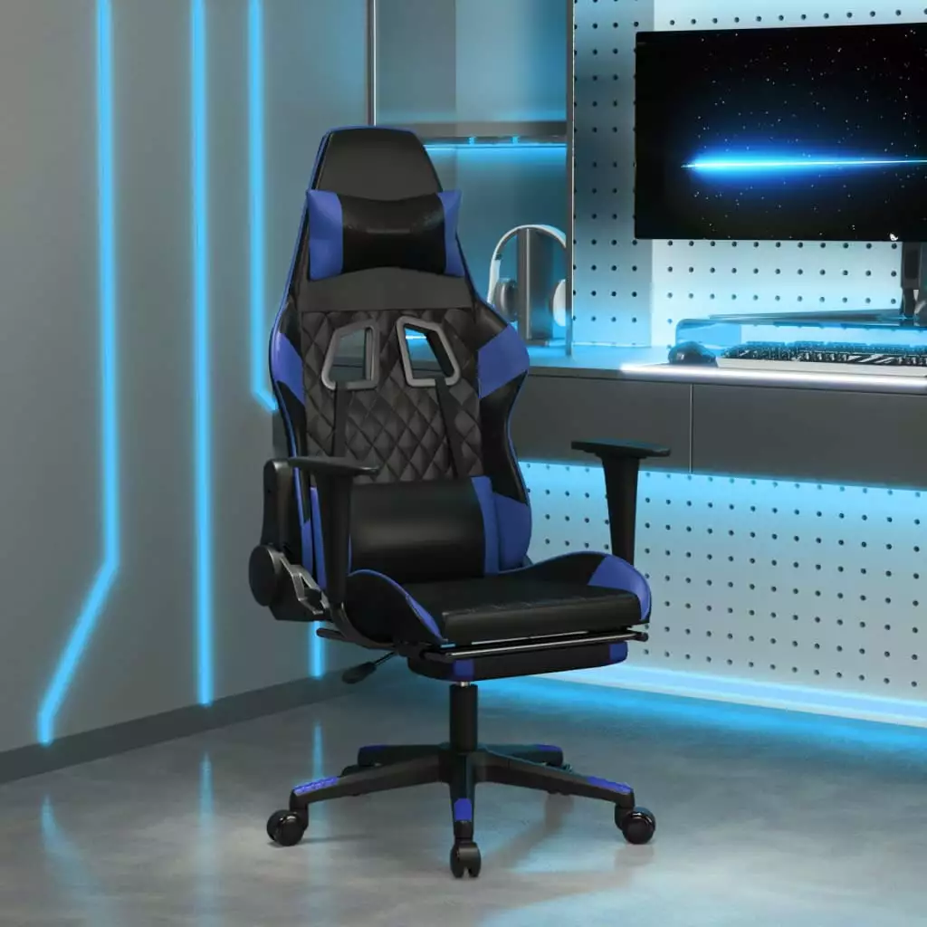 Ergonomic Massage Gaming Chair Footrest Comfort Adjustable Recline Black and Blue Faux Leather funchic