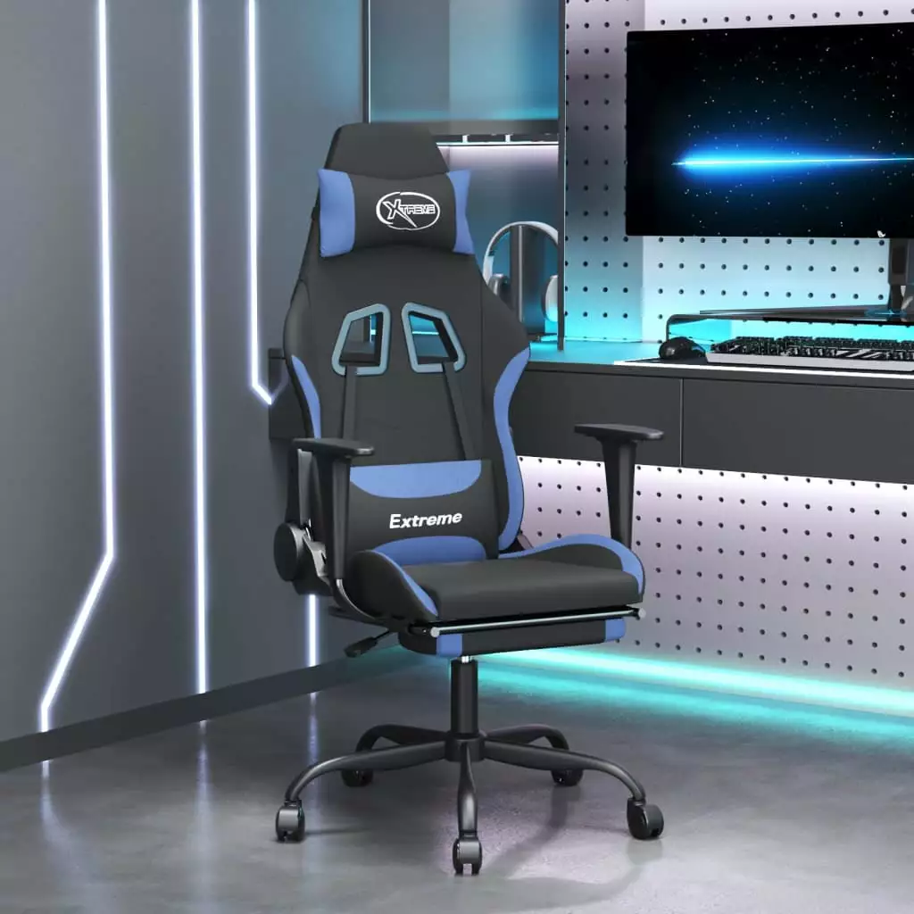 Gaming Chair Footrest and Massage Function - Black and Blue Fabric Comfortable Gamers funchic