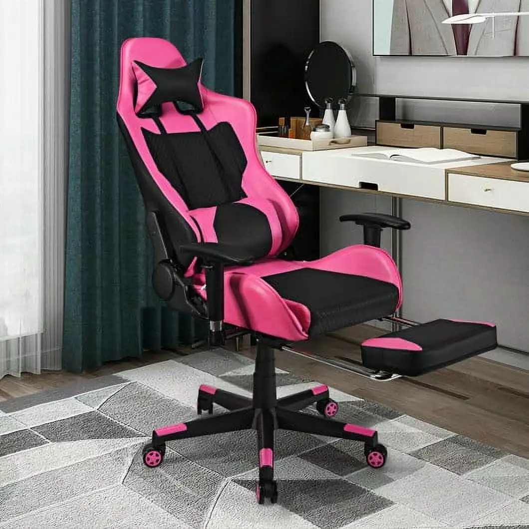 PU Leather Gaming Chair USB Massage Lumbar Pillow and Footrest Pink Ergonomic Computer Chair Generic
