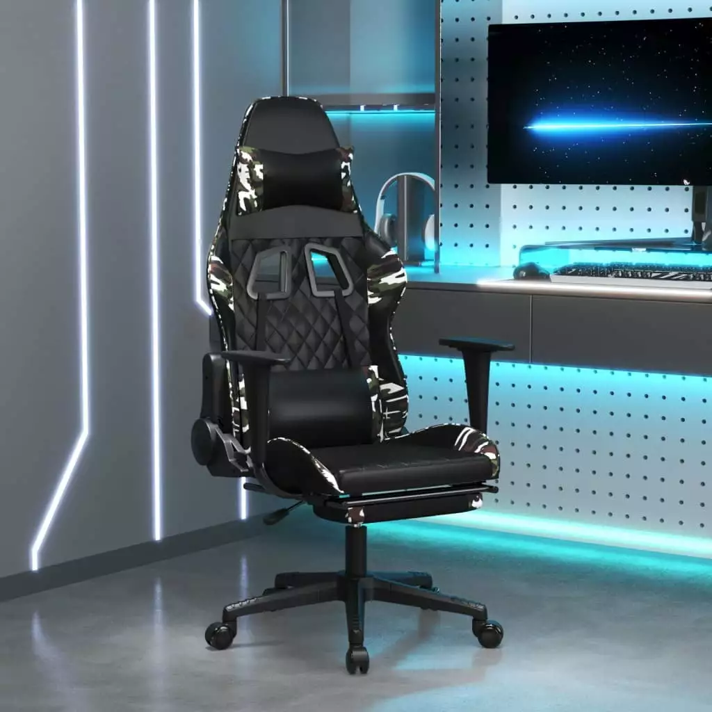 LANTRO JS Massage Gaming Chair Footrest Black Camouflage Faux Leather Ergonomic Computer Chair