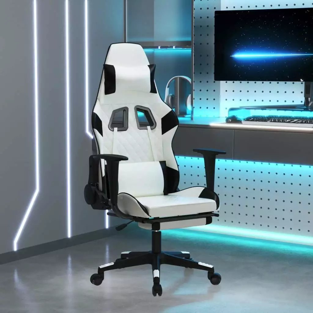 LANTRO JS Massage Gaming Chair Footrest White Black Faux Leather Ergonomic Computer Chair