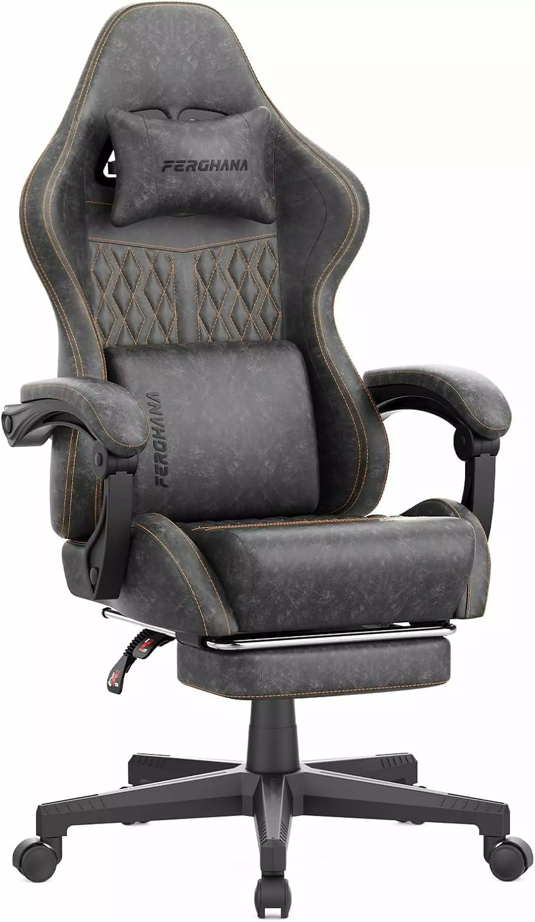Vintage PU Leather Gaming Chair Massage High Back Ergonomic Office Chair Footrest Dark Gray LHY