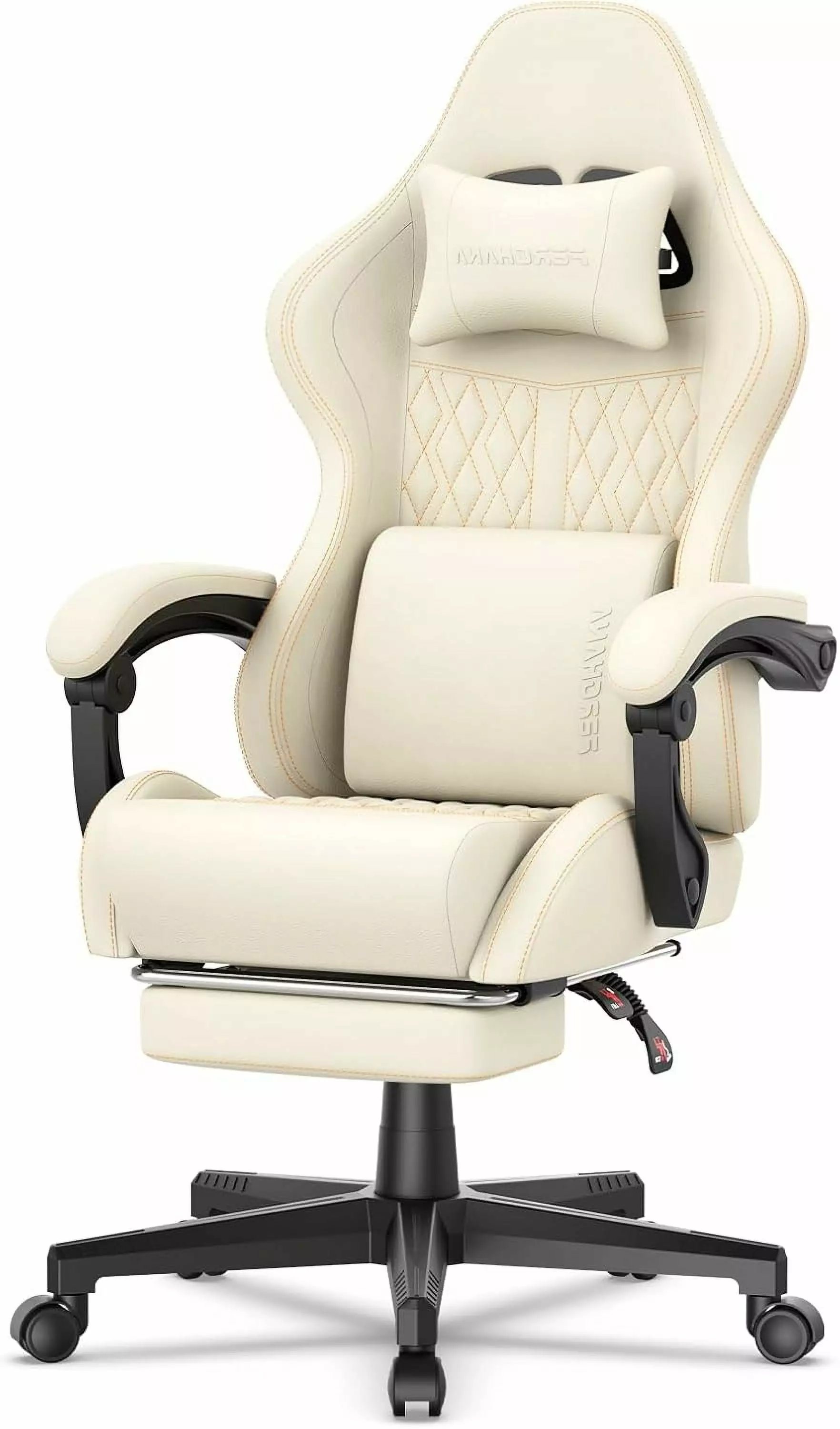 Vintage PU Leather Gaming Chair Massage High Back Ergonomic Office Chair Footrest Beige shinyswan