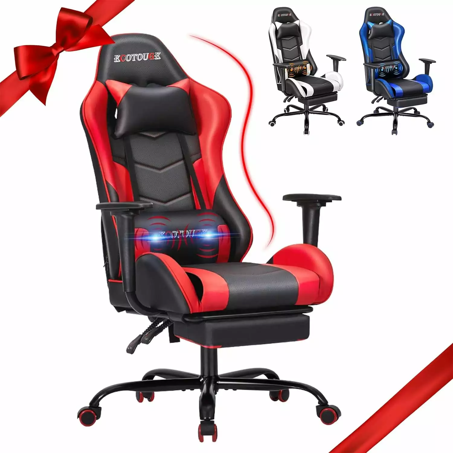 Red PC Massage Gaming Chair Footrest Ergonomic Office Desk Chair Racing PU Leather Recliner Headrest WYD