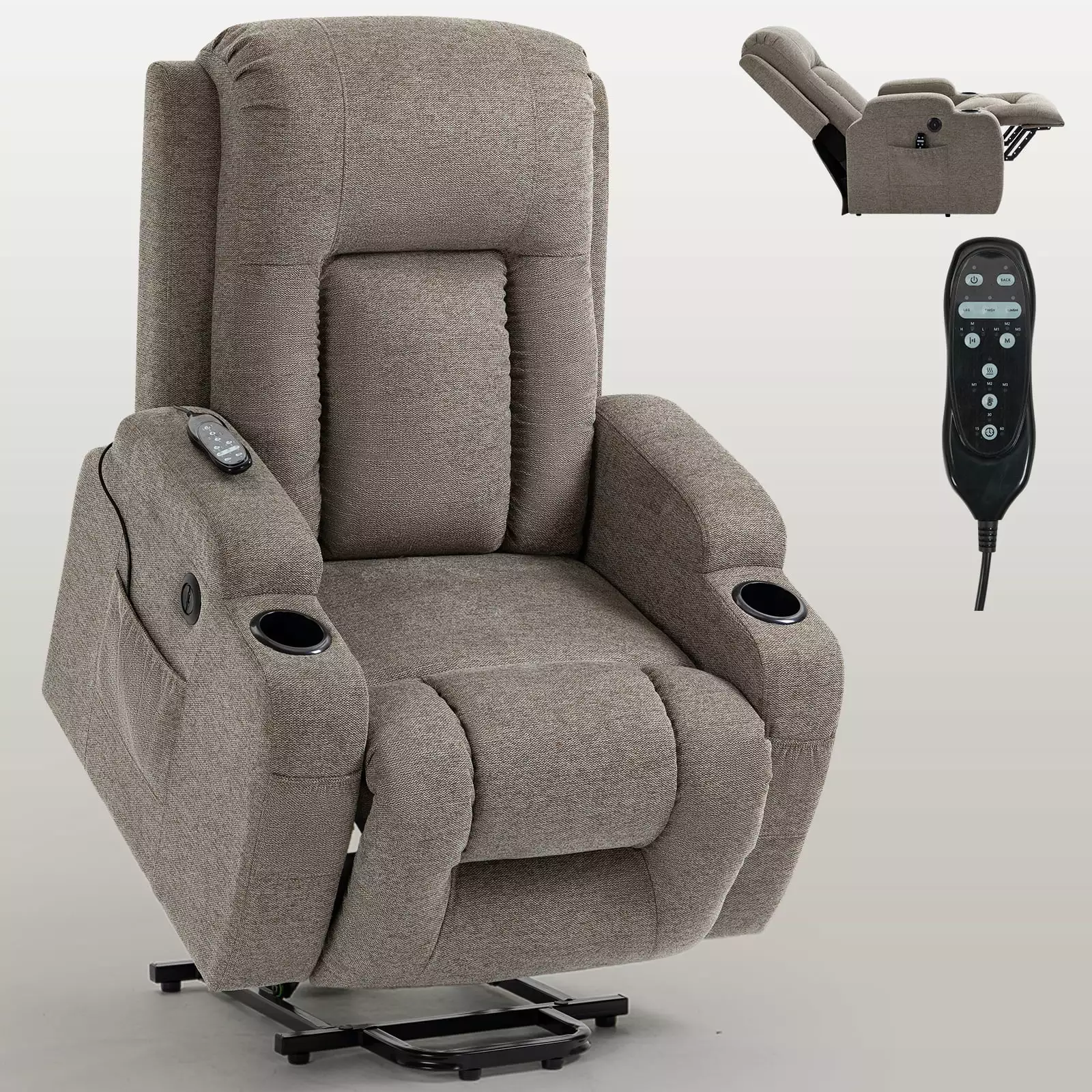 ABC Okin Motor Power Lift Recliner Chair 8-Point Massage, Lumbar Heating, Cup Holders, USB and Type-C Ports Brown