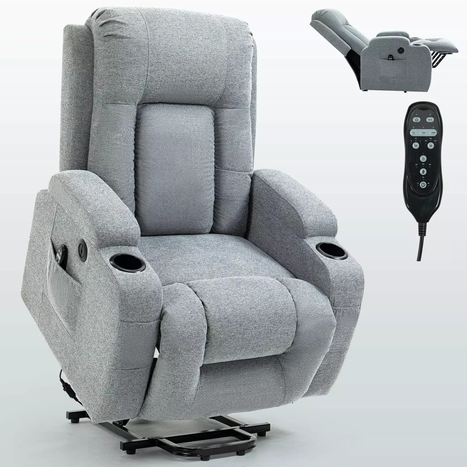 ABC Okin Motor Power Lift Recliner Chair 8-Point Massage, Lumbar Heating, Cup Holders, USB and Type-C Ports Grey
