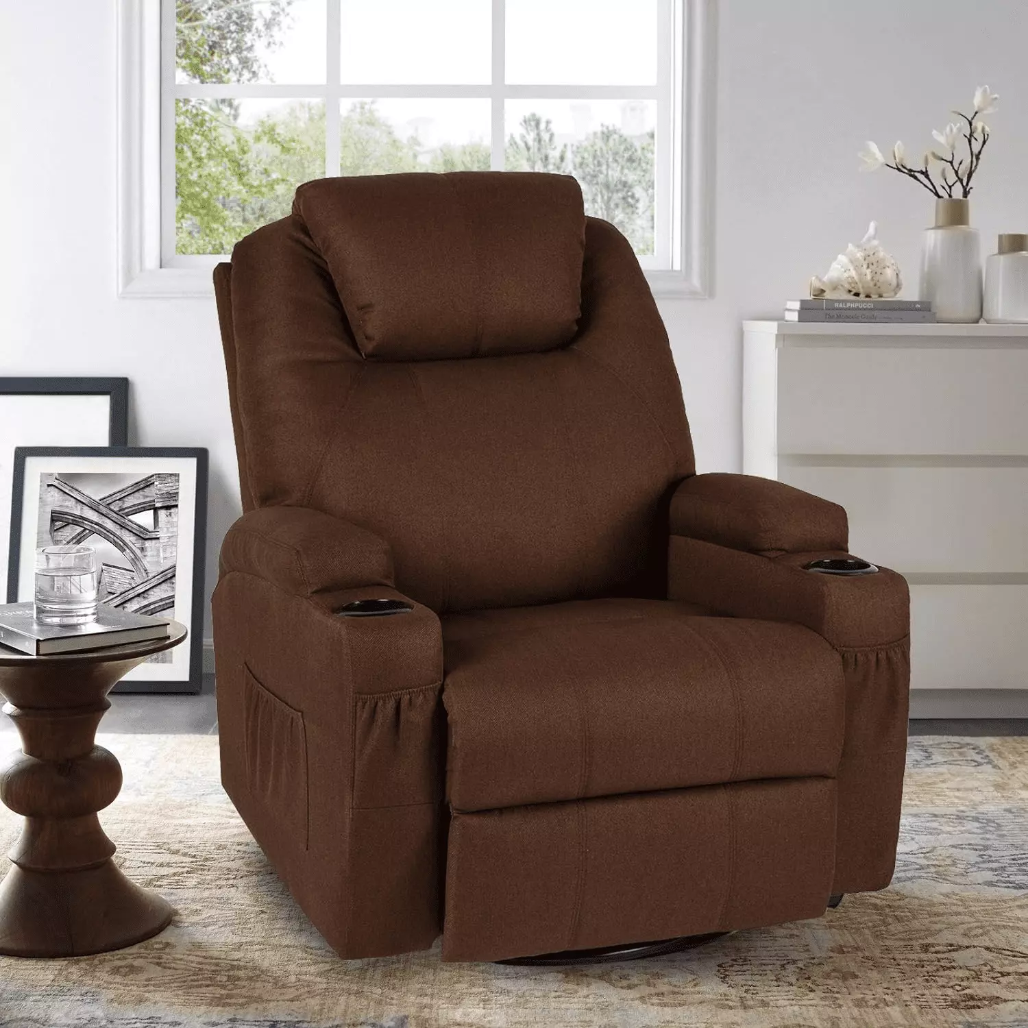 AECOJOY Swivel Rocker Recliner Chair Heated Massage 360° Rotation and Cup Holders Brown