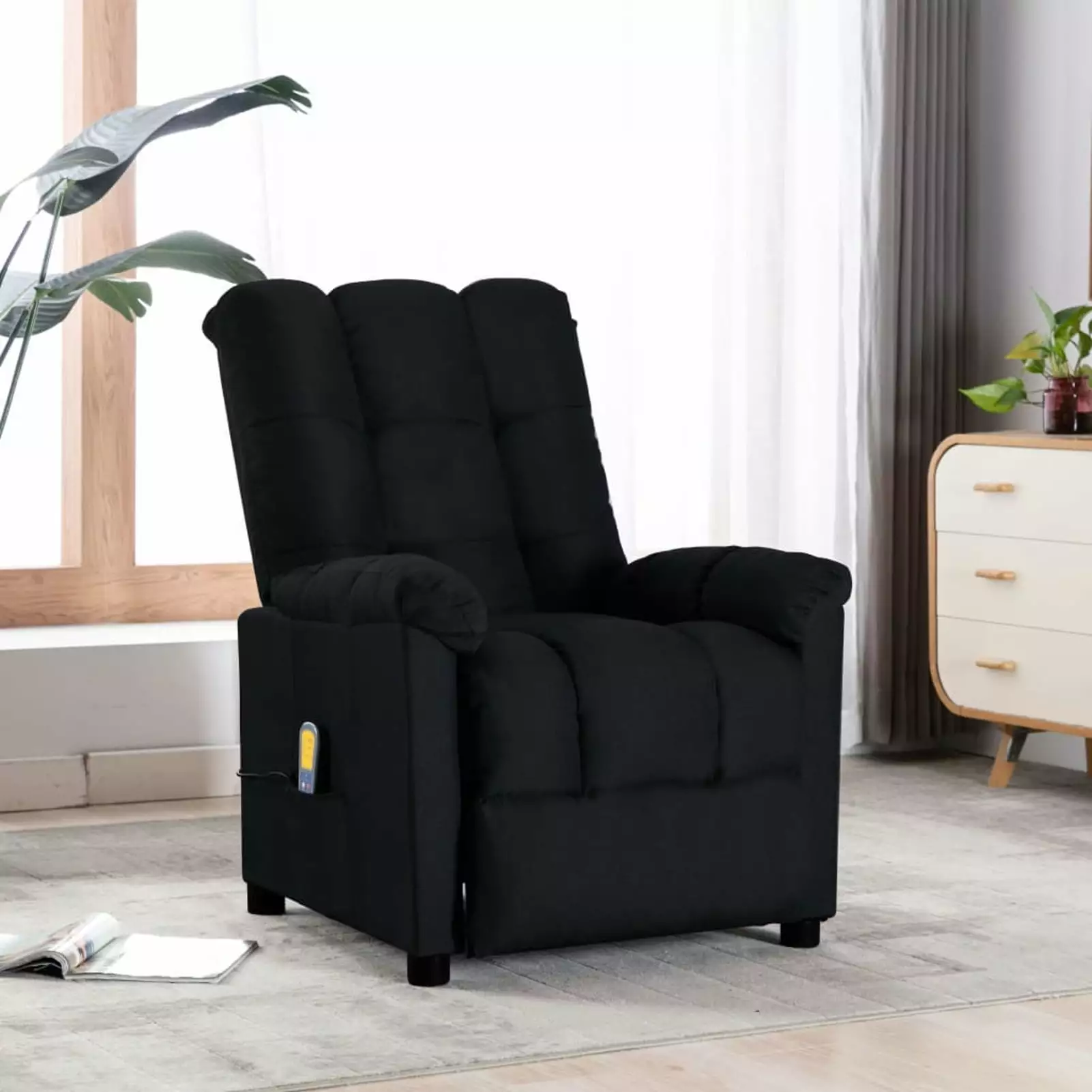 Anself Massage Reclining Chair Adjustable Backrest and Side Pocket Black Fabric Sofa Chair