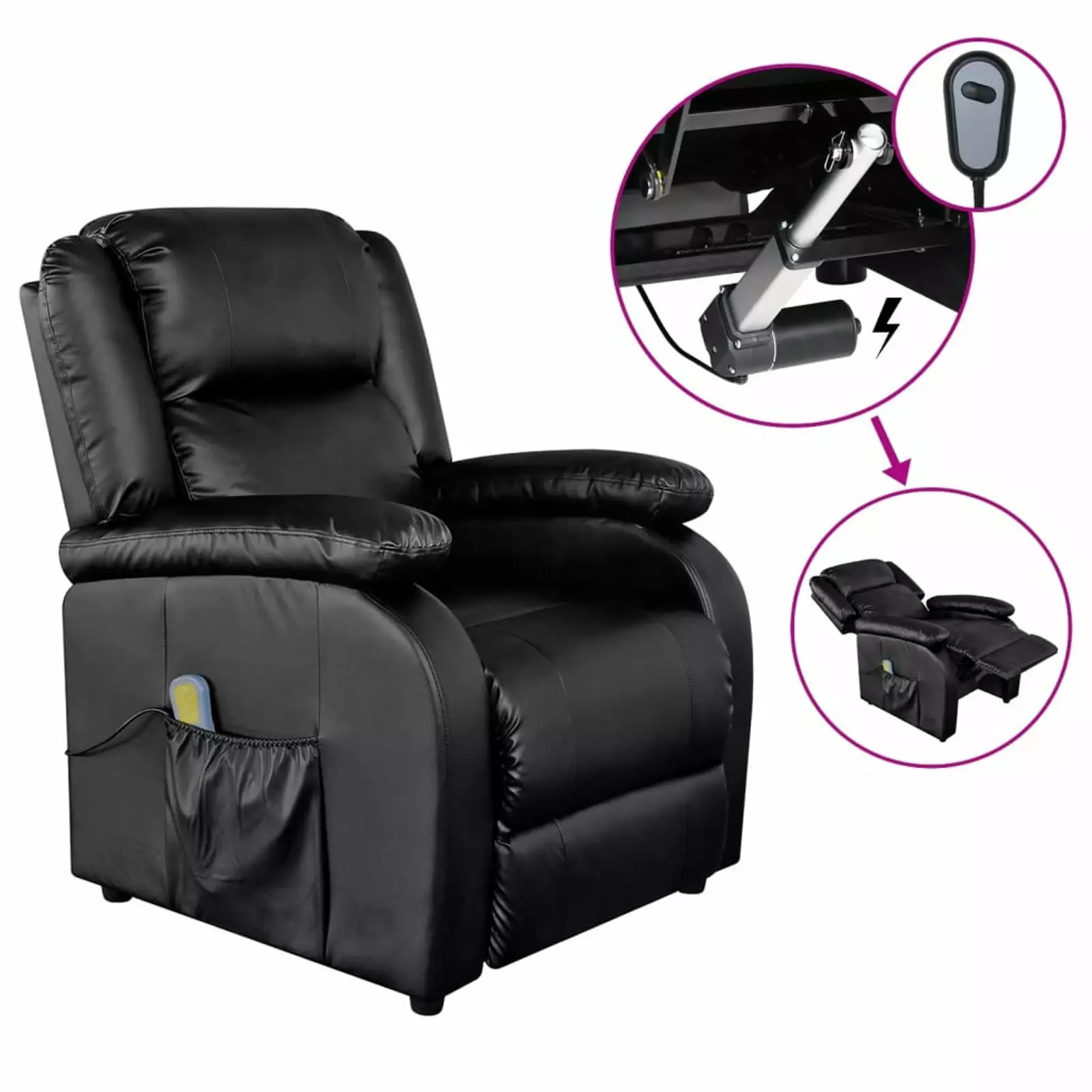 Anself Massage Reclining Chair Adjustable Footrest and Side Pocket Black Faux Leather Electric Recliner Elderly