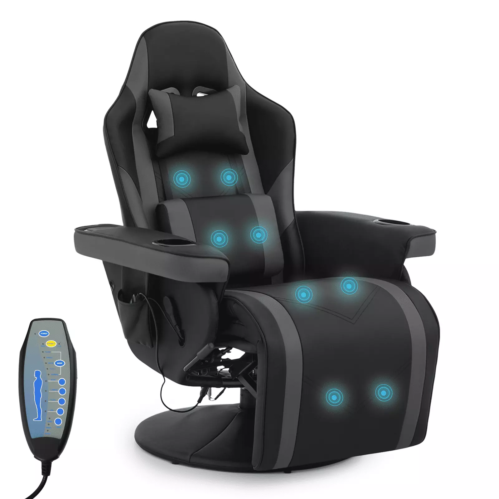 BEZT Massage Gaming Recliner Chair Ergonomic Computer Chair Bluetooth Speakers Pillow Adjustable Backrest Footrest Grey