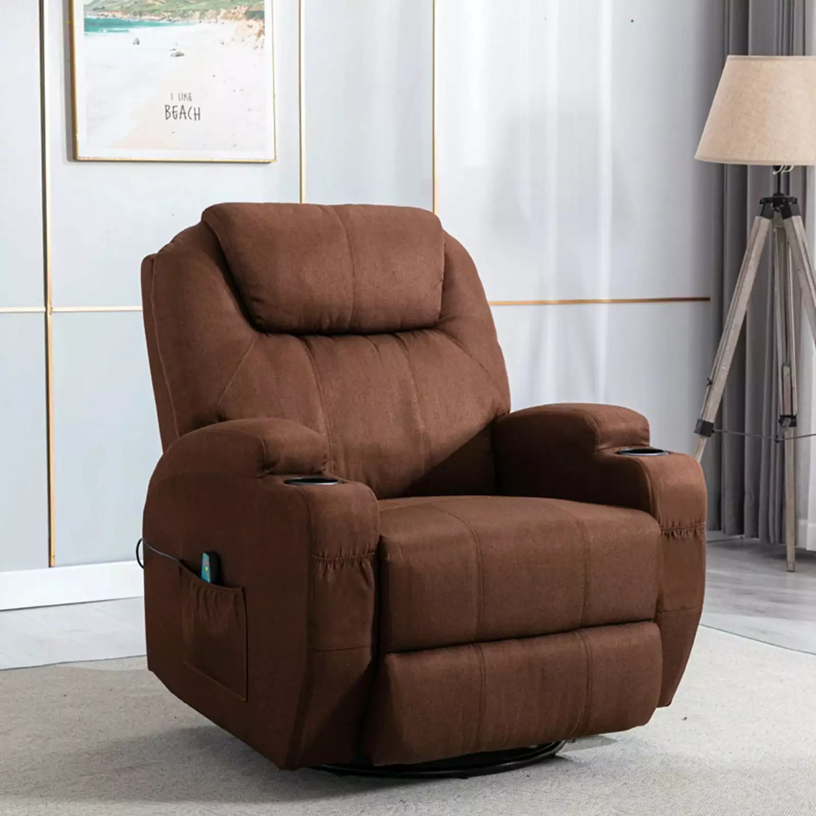 Brown Textile Multi-Purpose Recliner Heating Theater Single Recliner Eight Point Massage Electric Remote Control Cup Holde...