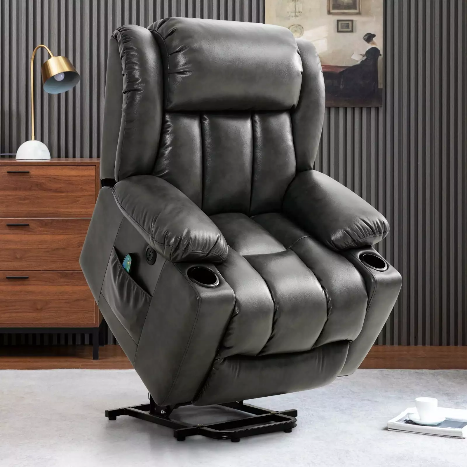 COHOME Large Power Lift Recliner Chair Heat and Massage Silver Grey