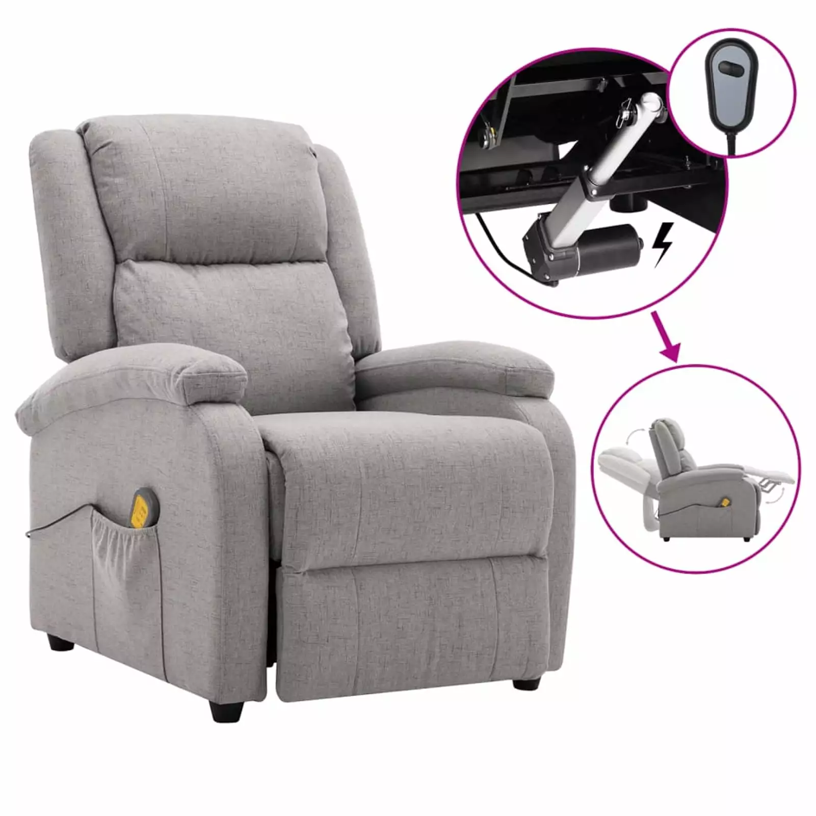 Dcenta Electric Massage Recliner Adjustable Footrest Side Pocket Light Gray Fabric Sofa Chair Elderly