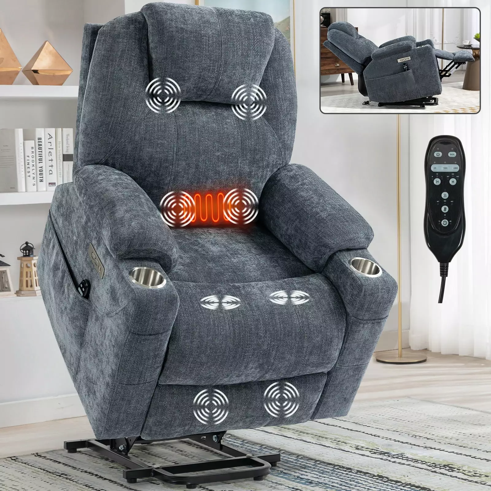 Homiyad Blue Chenille Power Lift Recliner Chair 8-Point Massage, Lumbar Heating, USB and Type-C Ports, Cup Holders Up to 3...