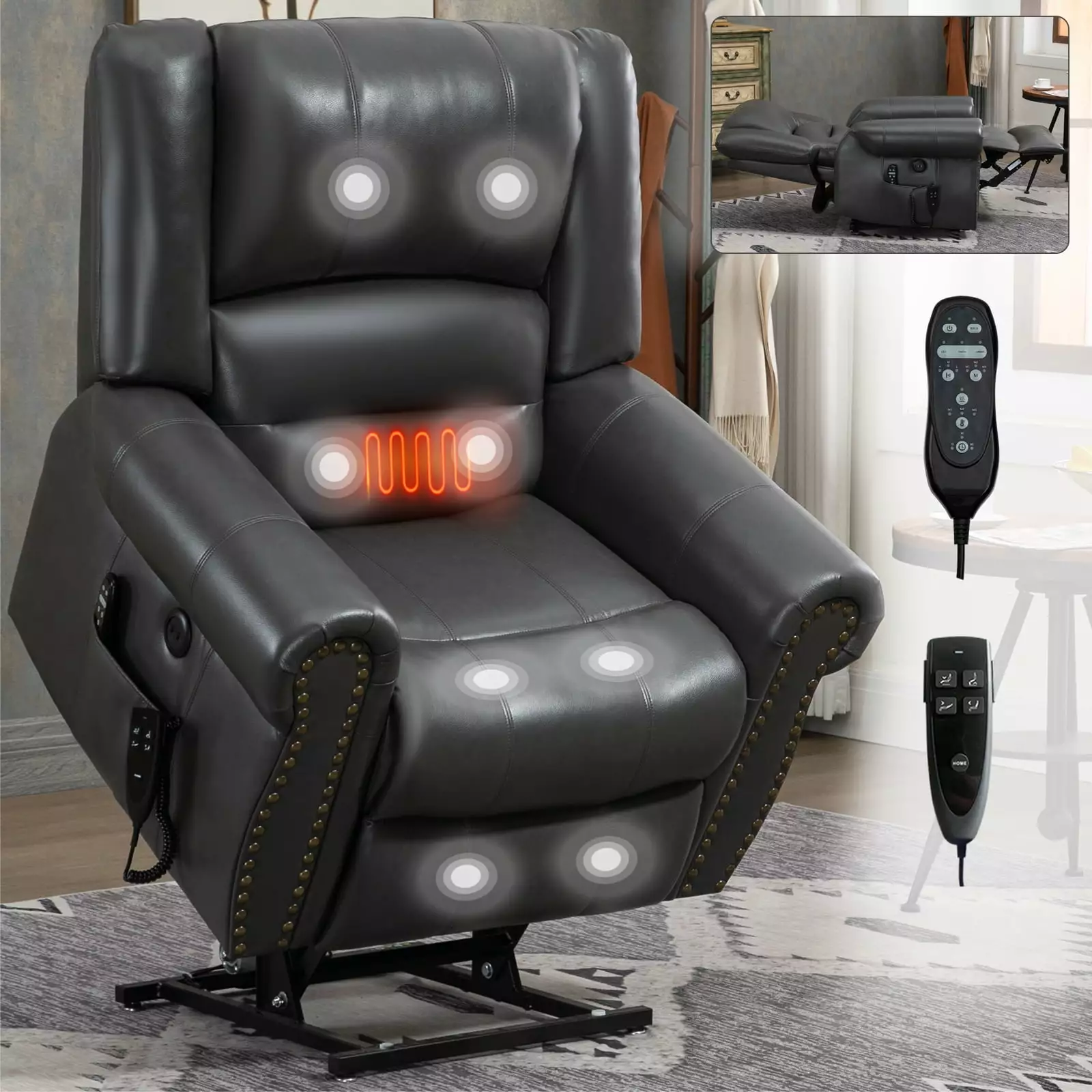 Power Lift Recliner Chair Heat Massage, Dual Motor, USB Ports, and Heavy Duty Mechanism Grey Faux Leather Jamini