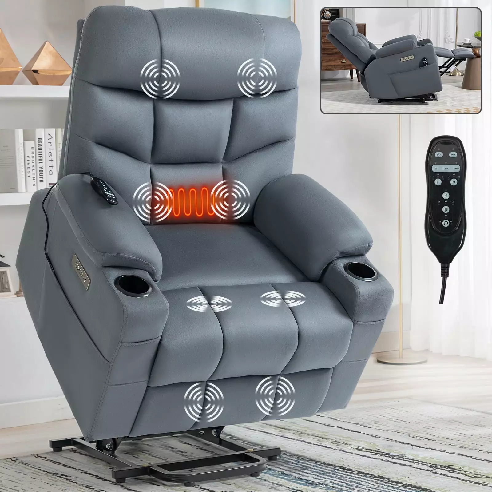 Okin Motor 350 LBS Power Lift Recliner Chair Massage Heating USB Ports Removable Cushions Blue SHNHYF