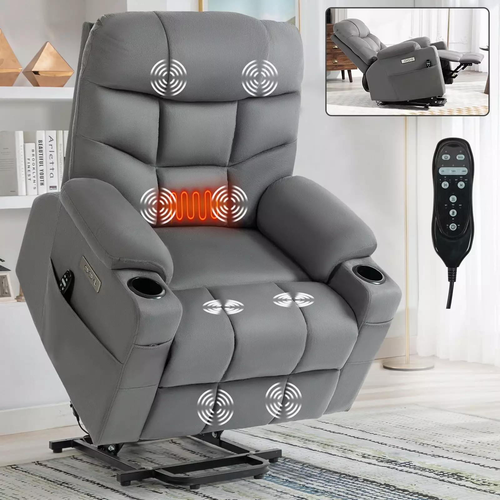 TYAQYF Okin Motor 350 LBS Power Lift Recliner Chair Massage Heating USB Ports Removable Cushions Grey